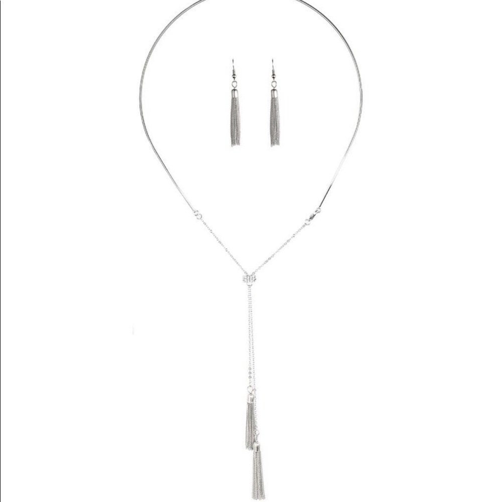 Silver Crystal Tassel Bolo Style Necklace Set